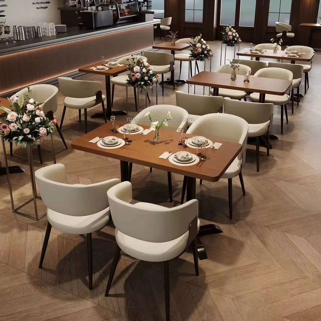 

Modern Commercial Hotel Table with 4 Chair Set School Canteen Library Dining Restaurant Wood Chairs and Booth Table Chairs Set