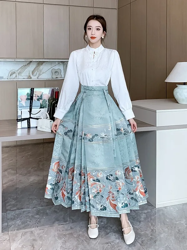 New Chinese Style Horse-Face Skirt Suit Women\'s Spring Clothing 2024 New Daily Improved Hanfu White Blouse Match Long Skirts