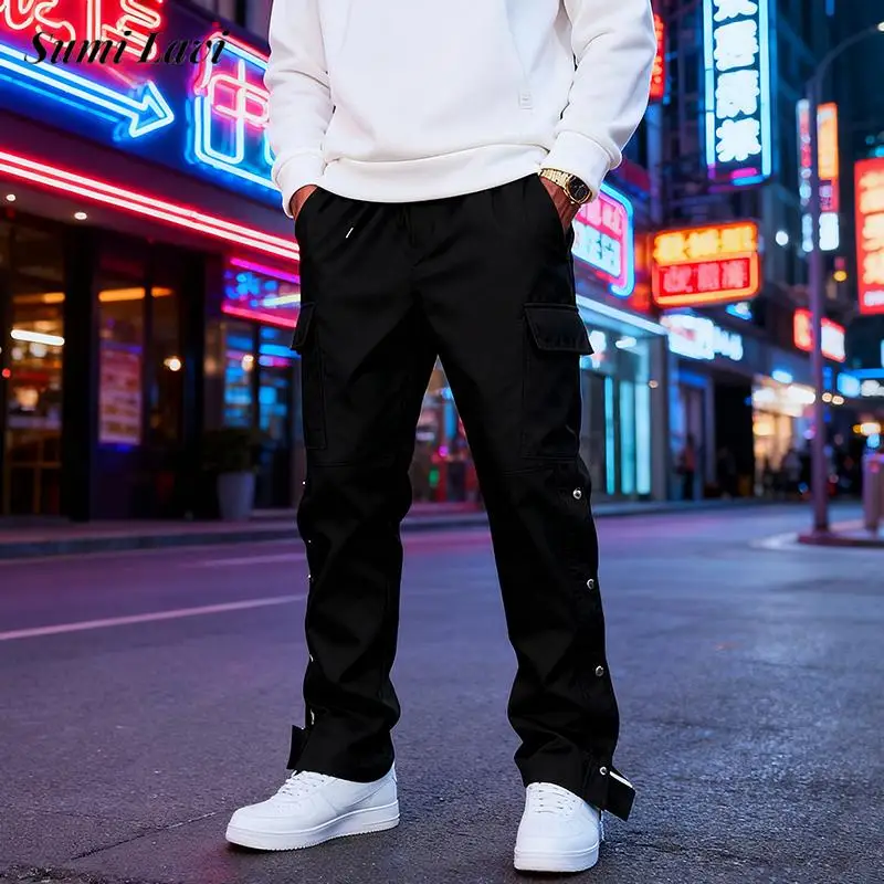 

Модные брюки-карго с боковым разрезом и пуговицами, мужские весенне-осенние повседневные свободные брюки-карго с несколькими карманами для мужчин, уличная одежда, винтажные брюки