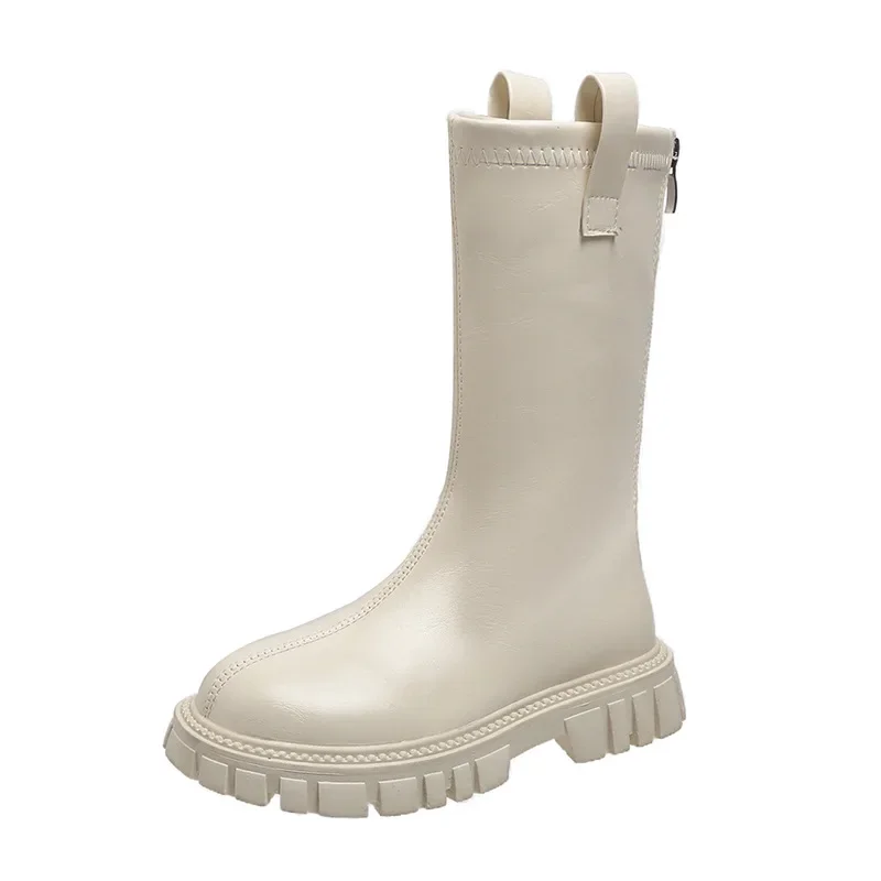 Botas altas con cremallera trasera para niñas, zapatos informales antideslizantes de punta redonda a la moda para niños, PU, negro, Beige, algodón