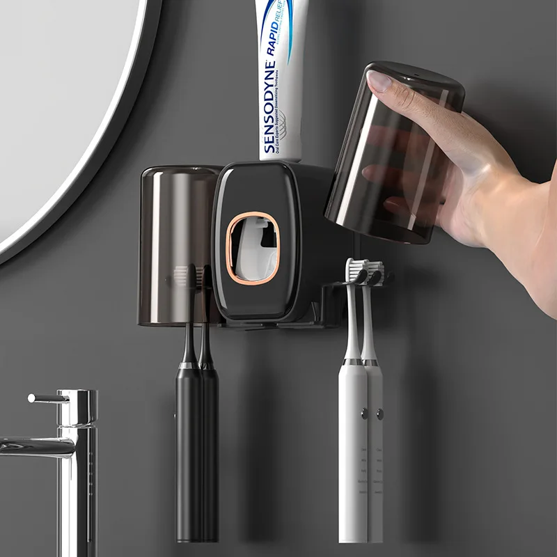 Automatic Toothpaste Dispenser & 2cups Bathroom Accessoire Multifunction Toothbrush Holder Toothbrush Case Nail-free 2024