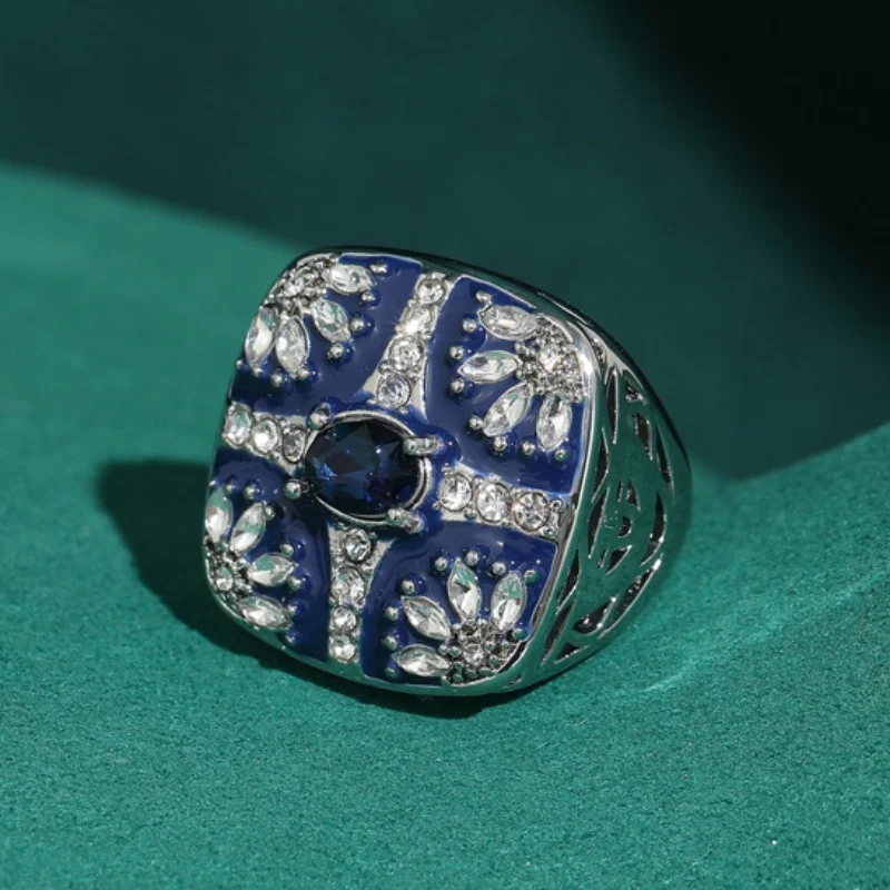 

Vintage Cross Blue Rings For Woman White Crystal Leaf Square Silver Color High Quality Party Luxury Jewelry Accessories 2026
