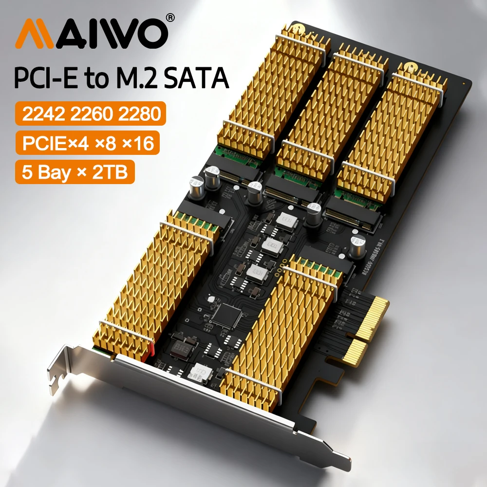 

MAIWO PCI Express Card 5 Bay M2 SATA RAID 0/1/5 Adapter 2TB per SSD Compatible PCIe×4×8×16 Adapter Card for Windows/Linux/MAC OS