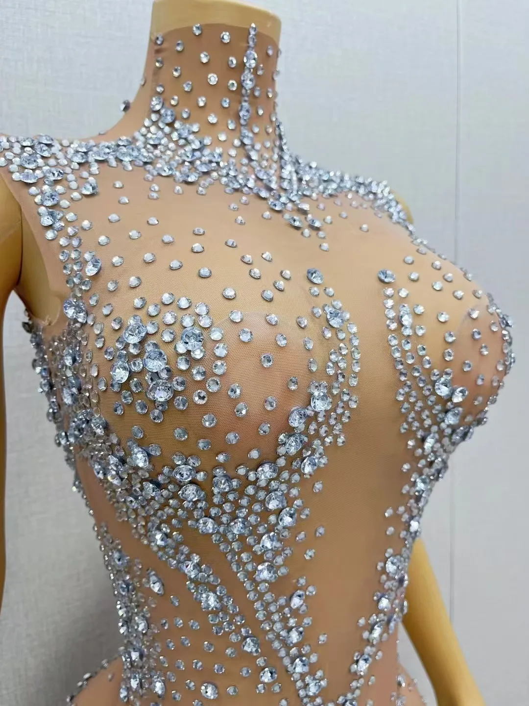 Sparkly Rhinestones Leotard Women Sexy Stage Mesh See Through Dance Performance Costume Singer Dancer Club Photoshoot Bodysuit
