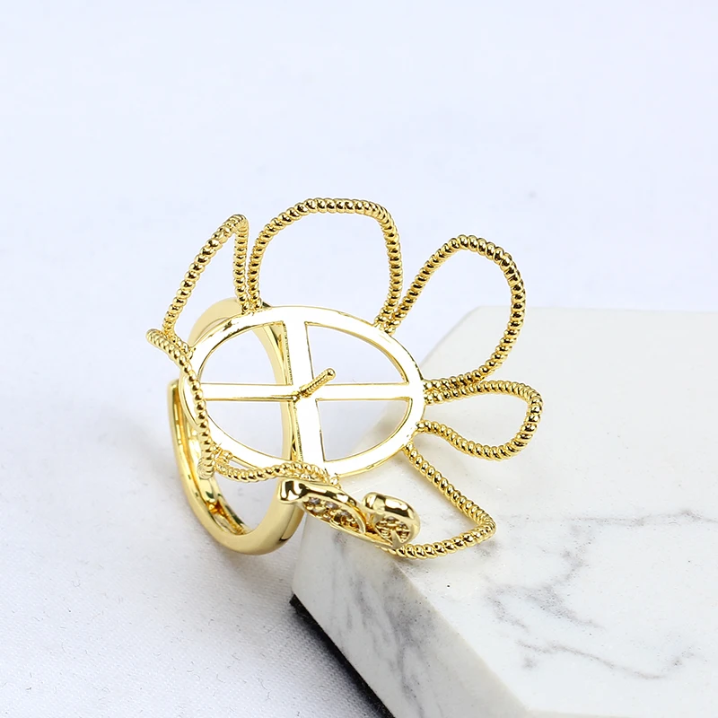 JZ187  Copper Gold Plated Large Flower Basket Baroque Adjustable Pearl Ring Blank Empty Settings DIY Jewelry Findings