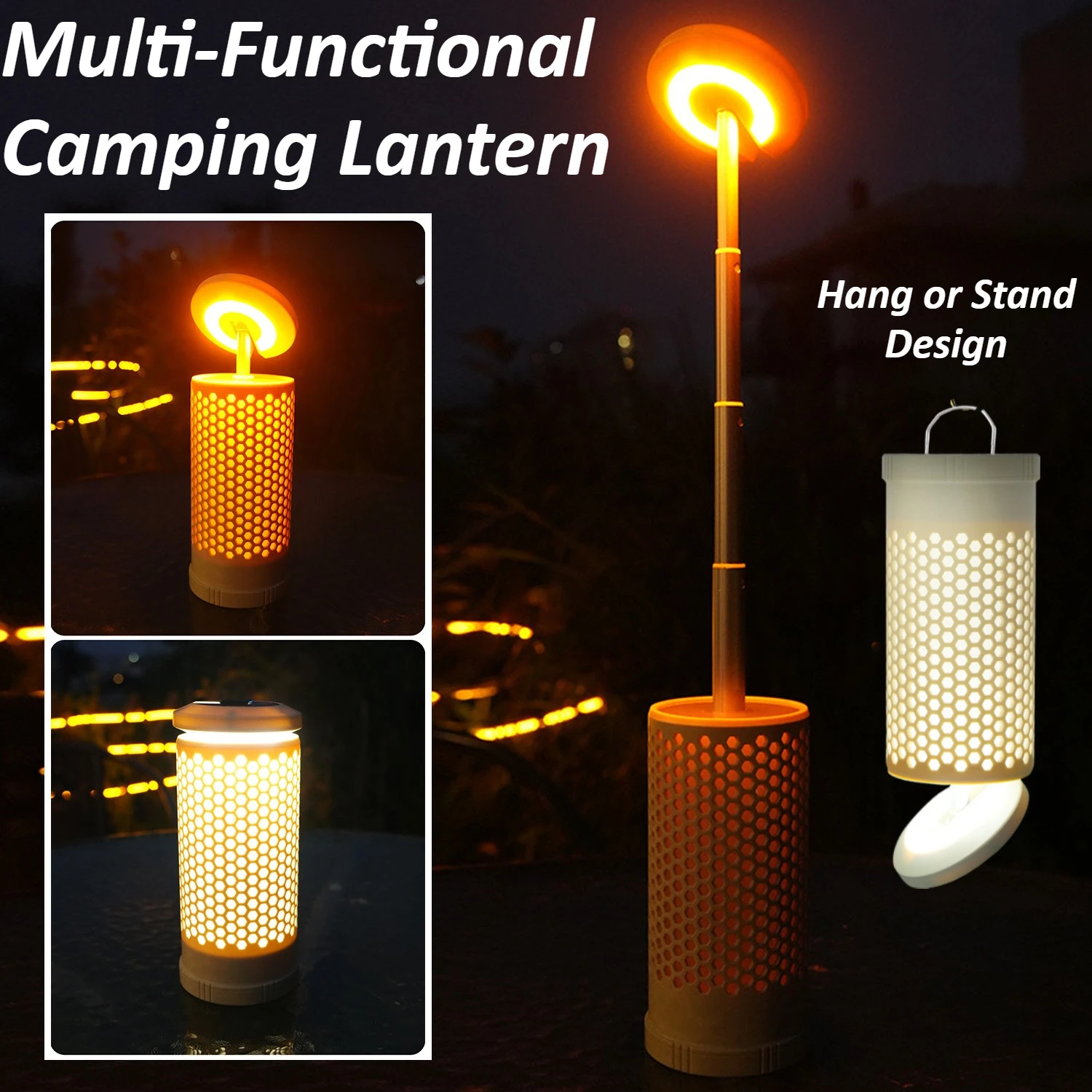 Rechargeable Multi-functional LED Camping Lantern with Telescoping Dual Color Light 180° Rotatable Hook High-Brightness 28 LEDs