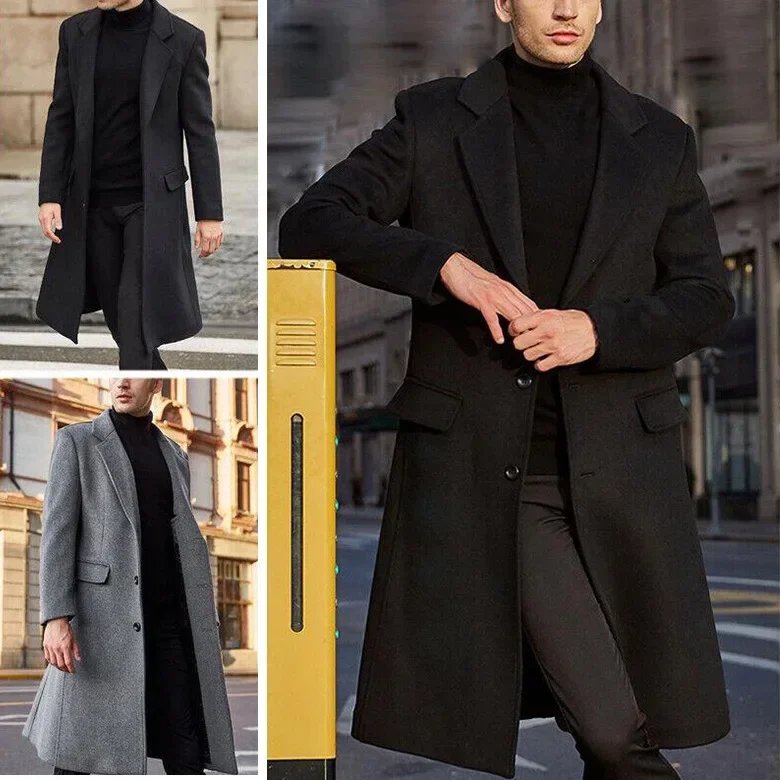 

2025 Men Solid Overcoat Single Breasted Wool Jacket Blends Long Sleeve Turn Down Collar Cardigan Coats Pockets Casual Outerwear