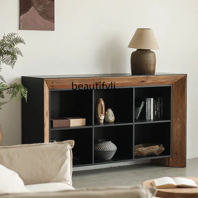 Black Solid Wood Sideboard Weathering Old Pine Oak Veneer Vintage Distressed Six-Grid Storage Cabinet