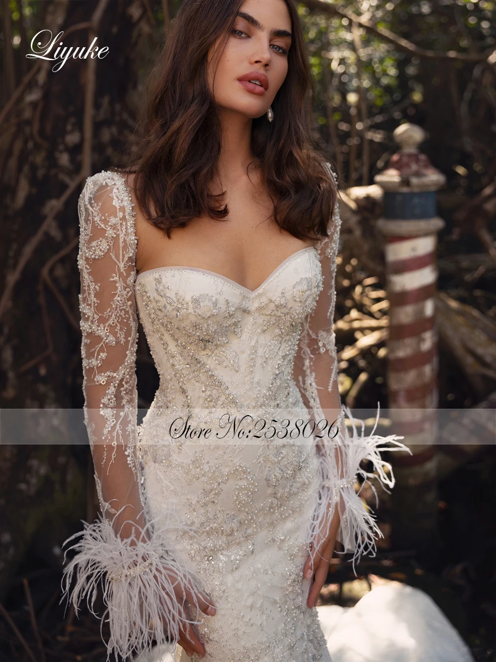 Liyuke Luxurious Lace Mermaid Dress Beading Embroidery Floral Lace Stunning Sweetheart Court Train Full Sleeve Bridal Gowns