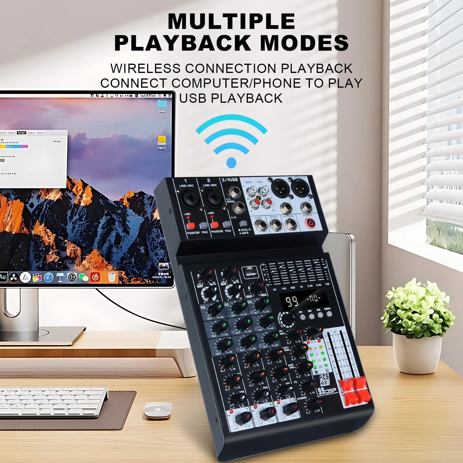 99 effects 4-channel mixing console with balance adjustment function Digital USB Bluetooth Echo Delay Effect 48V Stereo