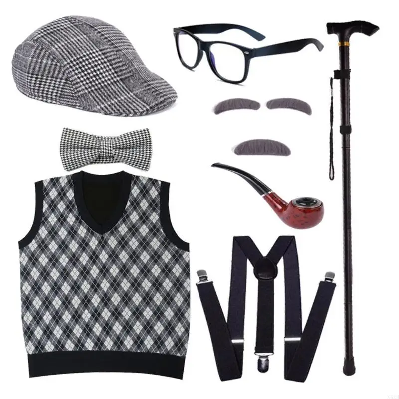 N5KB Kids 100 dagen schoolkostuumset Halloween Old Man Kostuum Hat Opa Vest Set Old Person Cless Up Outfit voor jongen