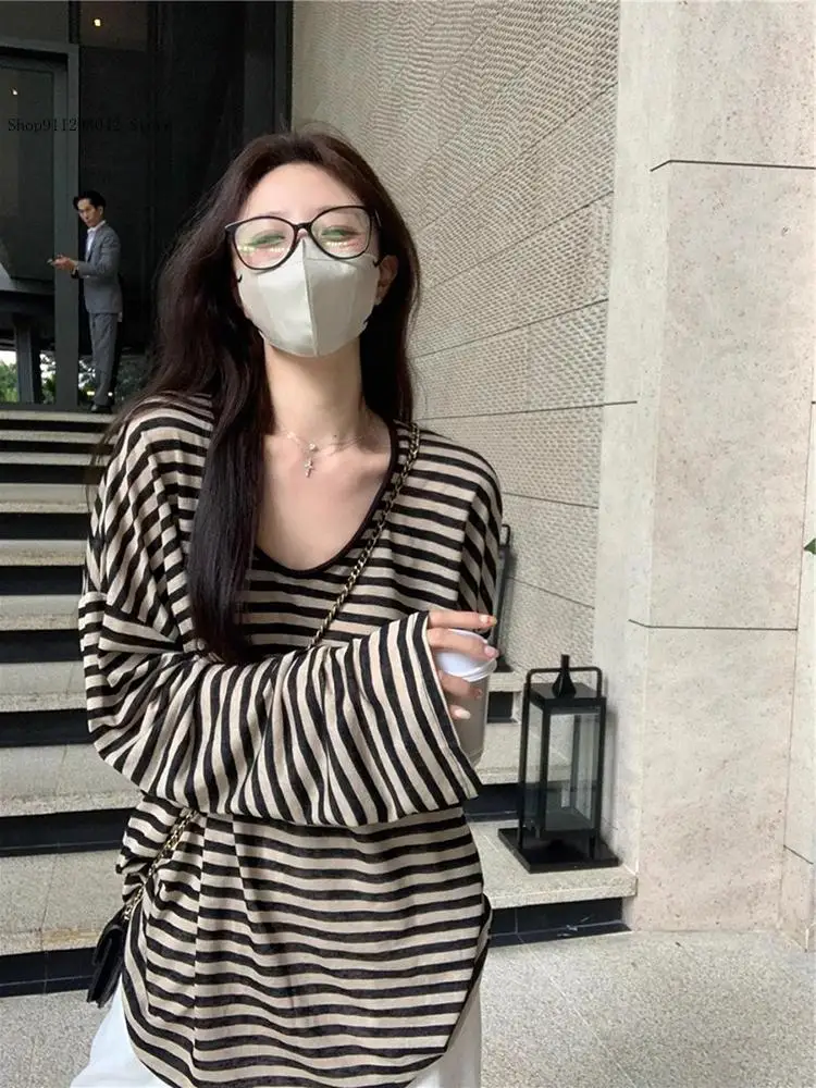 Spring and Autumn Summer Season Loose Striped Long Sleeve Sunscreen Cover Shirt Tulle Tops T-Shirt for Women