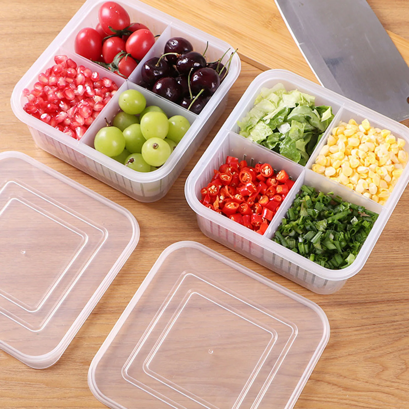 4 Grids Food Preparation Storage Box Compartment Refrigerator Freezer Organizers Sub-Packed Meat Onion Ginger Dishes Crisper