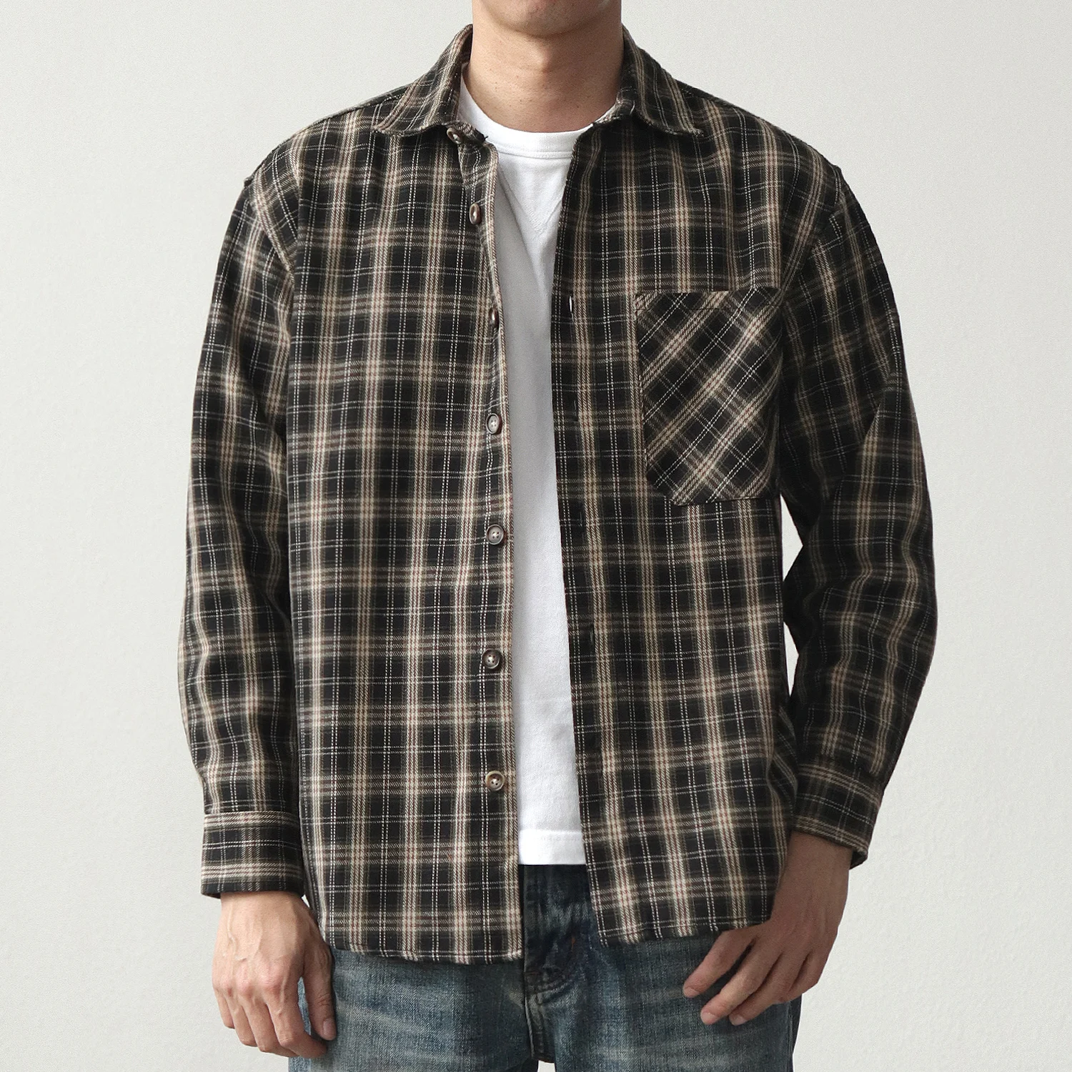 

American Style Plaid Shirt Jacket Men's Loose Long Sleeve Casual Workwear Spring Autumn Top Polyester Cotton Rayon Blend