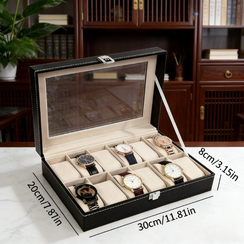 12-Compartment Thick Faux Leather Watch Box With Display Lid,Dust-Proof And Protective Design With Removable Padding