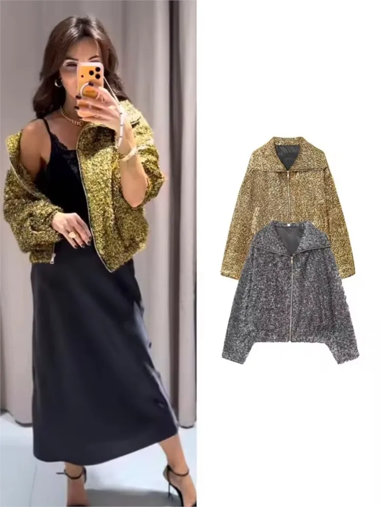 

Осенне-зимняя женская куртка с металлической нитью, повседневное женское теплое пальто с высоким воротом и длинными рукавами, женская шикарная куртка на молнии, топы