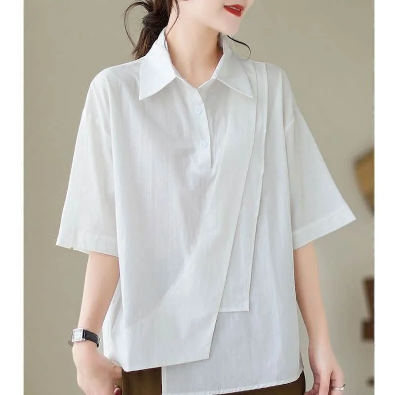 Shirts for Women Cotton Vintage Solid Oversized Polo-neck Irregular Loose Half Sleeve Korean Fashion Blouse Women Office Tops