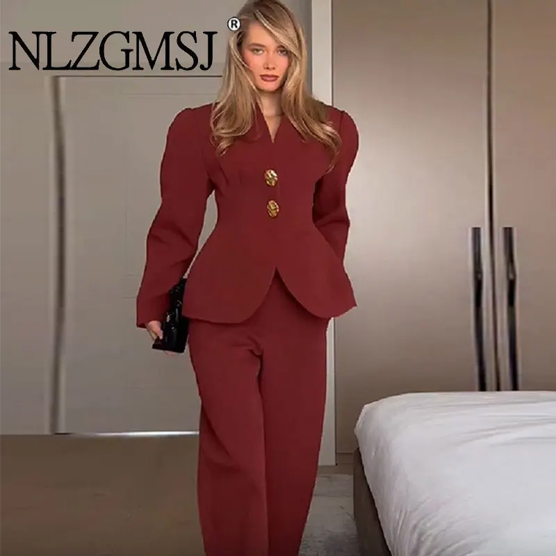 

NLZGMSJ 2026 Весенняя офисная одежда Женские комплекты Формальный блейзер с длинным рукавом Тонкая куртка OL Пальто Брюки на молнии Женские повседневные костюмы