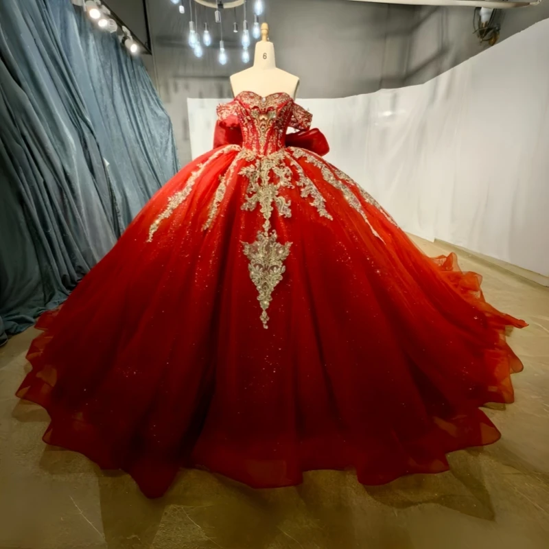 

Красные блестящие платья Quinceanera с открытыми плечами, золотая аппликация, кружево, бисер, хрустальный бант, тюлевой корсет, вечерние, день рождения, сладкое платье 16 лет