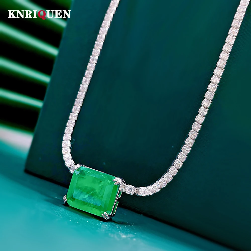 2022 Trend 100% 925 Real Silver 10*12mm Emerald Paraiba Tourmaline Lab Diamond Pendant Necklace for Women Charms Wedding Gifts