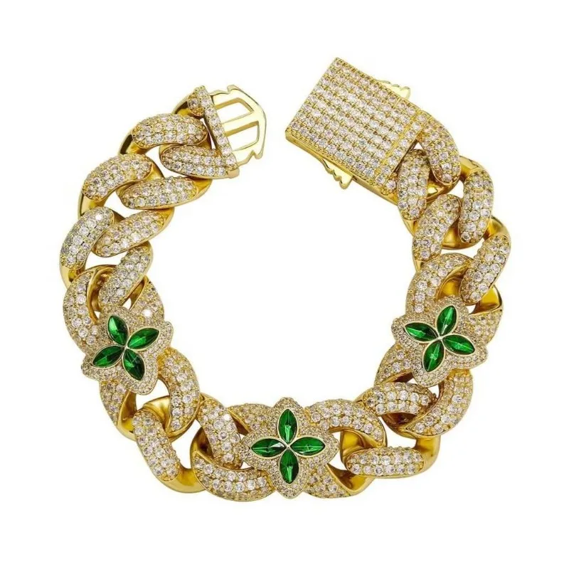 Fashion trend new product INS light luxury S inlaid colored four-leaf clover moissanite Cuban chain bracelet