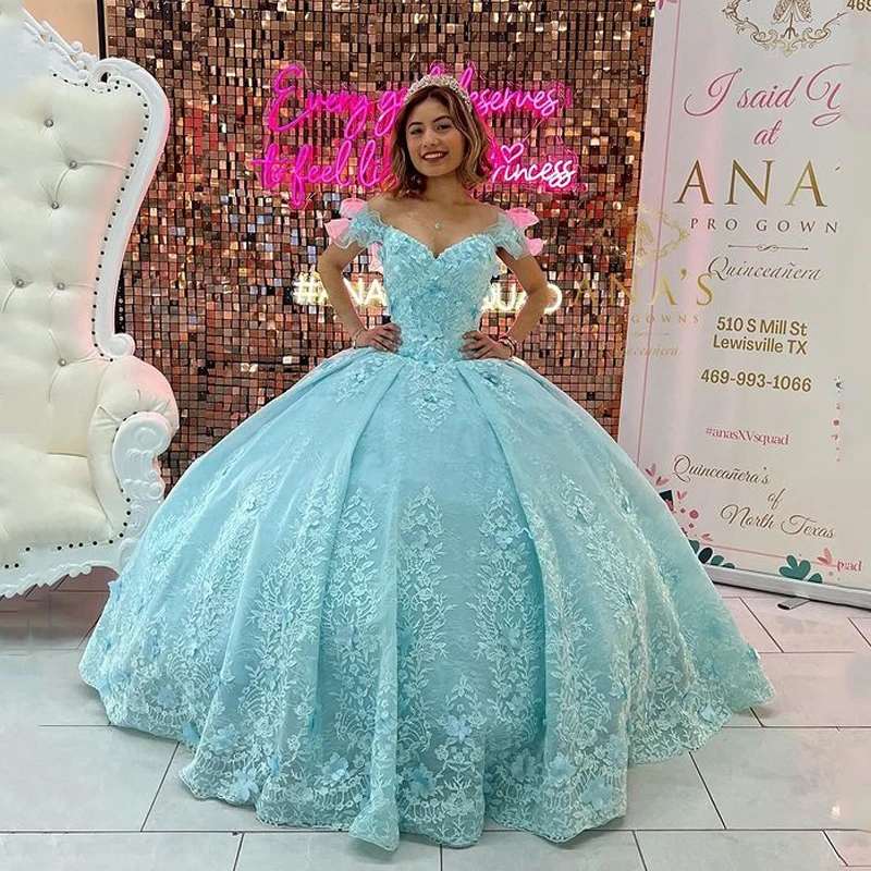 Vestidos De quinceañera azul lago encantador, Vestidos De 15 años hechos a mano, apliques De flores 3D, encaje dulce 16, Vestidos De fiesta De princesa