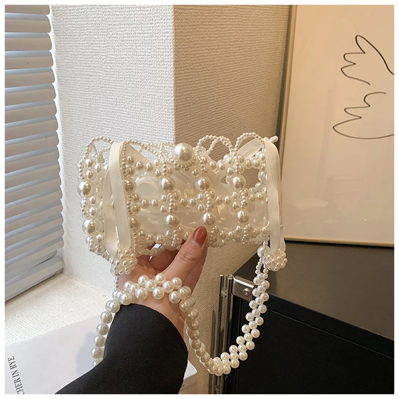 

French Romatic Handmade Small Purse Beaded Woven Underarm Bags Ladies Summer Designer Vintage Hollow Out Pearl Purses