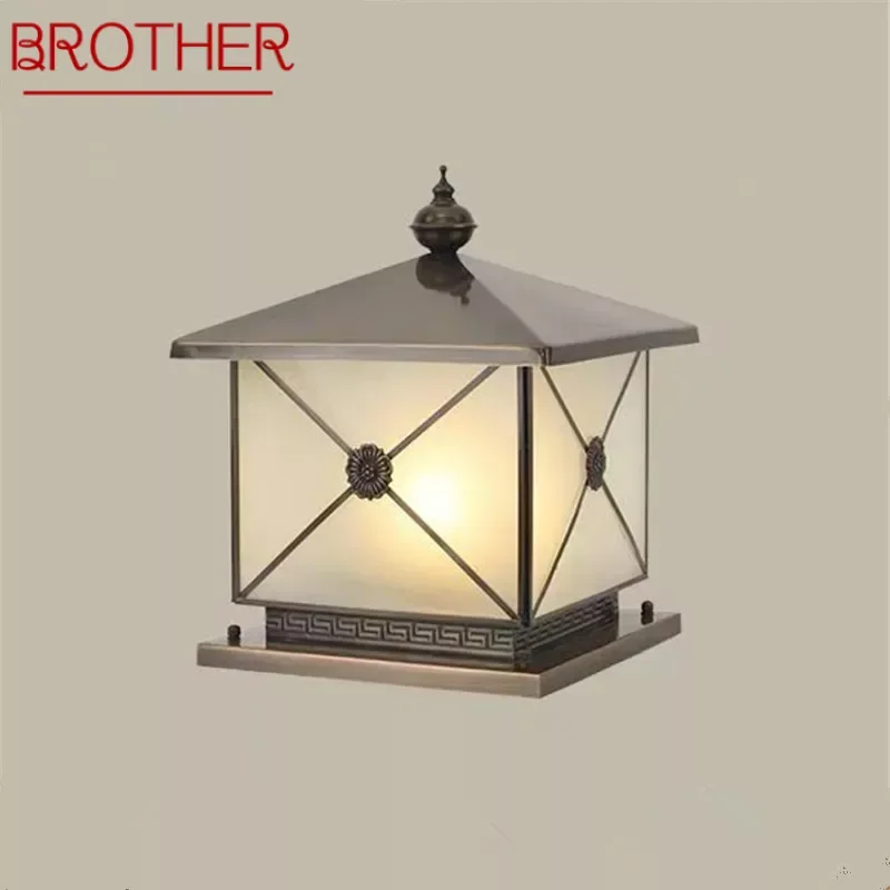 

BROTHER Outdoor Electricity Post Lamp Vintage Creative Chinese Brass Pillar Light LED Waterproof IP65 for Home Villa Courtyard