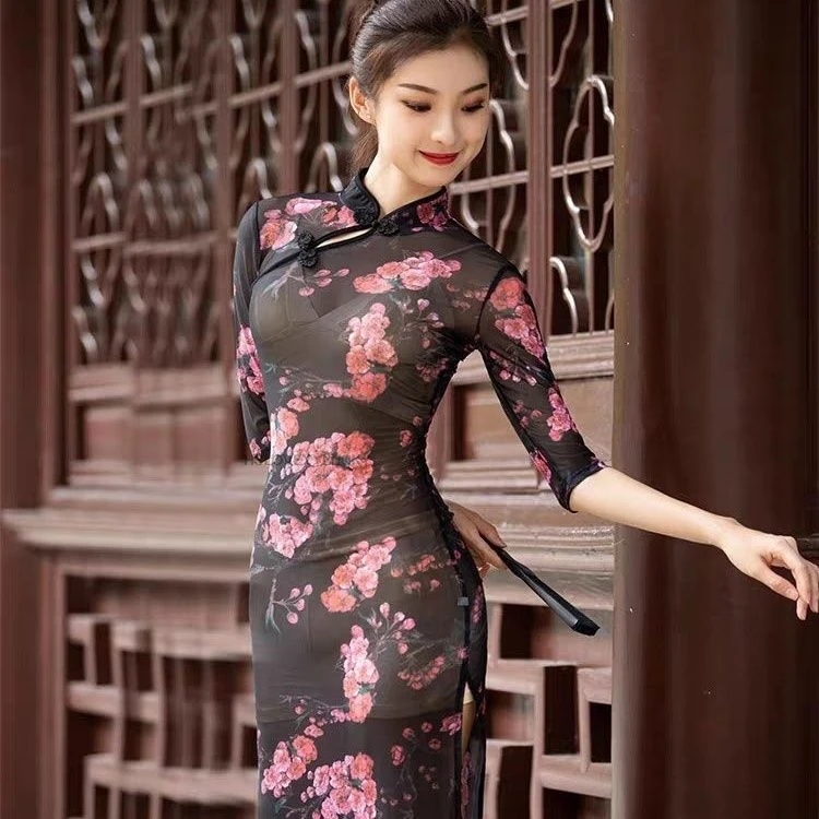 

Chinese Style Dance Qipao Set Elegant Classical Dance Performance Sleeveless Button Split Graceful Cheongsam Dance Dress