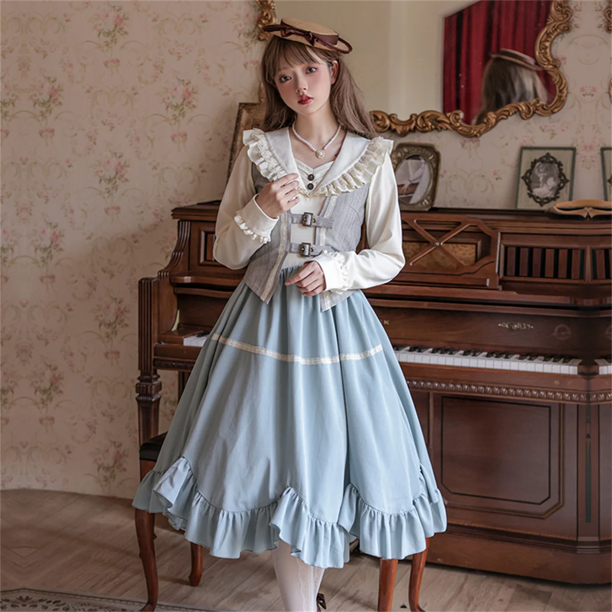 Francouzský vintage panské styl cosplais lolita kawaii OP čaj večírek holka volánky nemluvně límec bublina rukáv měď spona poupě šaty