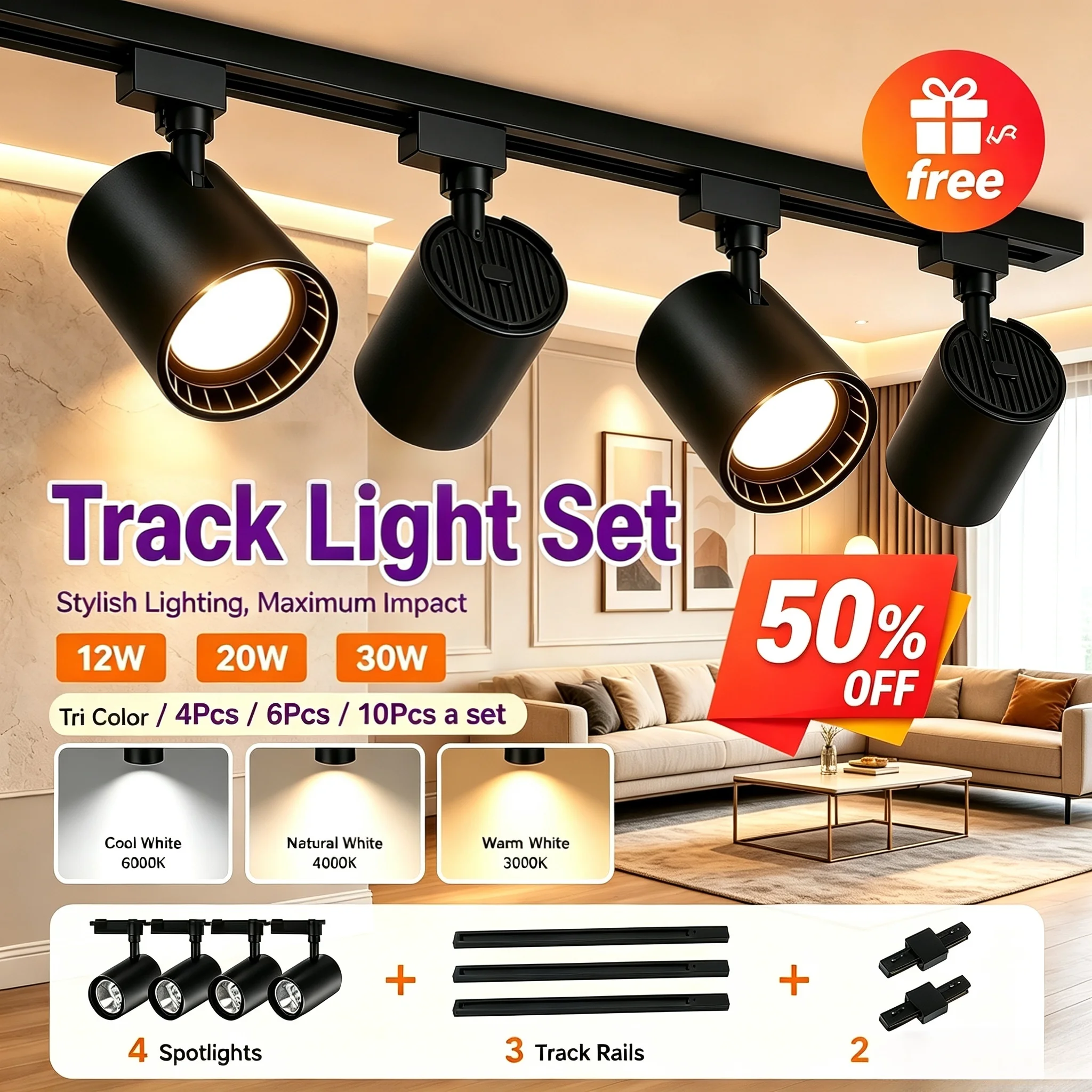 Tricolor Track Light Set 3Pcs 4Pcs 6Pcs 10Pcs Led Ceiling Light Spotlight Track Rail 30W 20W 12W for Living Room 110V  220V