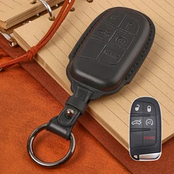 For Jeep Grand Cherokee Compass Dodge Charger Chrysler 200 300C Remote Key Cover Case Protect Shell Chain Ring Genuine Leather