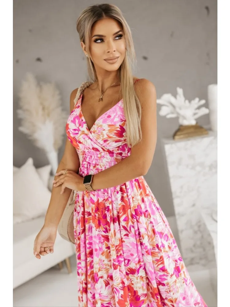Neue Sommer Sexy Backless Hosenträger V-ausschnitt Kleid Frauen Fashion Floral Print Ärmellose Urlaub Strand Party Kleider Süße Casual