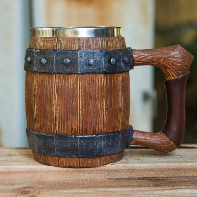 Medieval Viking Wood Barrel Beer Mug Tankard 304 Stainless Steel Liner Nordic Style Wooden Rivet Leather Wooden Beer Stein 600ml