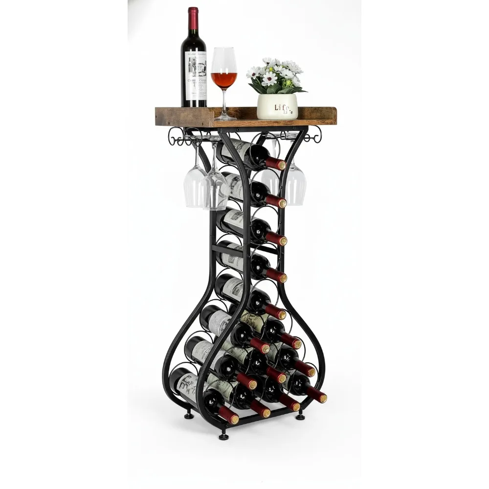 

Freestanding Floor Wine Rack with Wood Tabletop, Holds 14 Bottles & 4 Glasses - Space-Saving Bar Cabinet for Kitchen Living Room