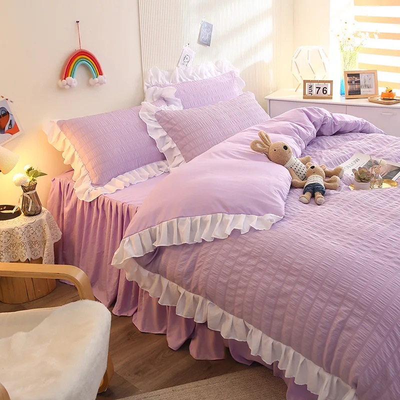 

Seersucker Cotton Princess Ruffle Bedding Set Bedskirt Washed Cotton Duvet Cover Bed Linen Sheets Queen King Dorm Cozy Soft Warm