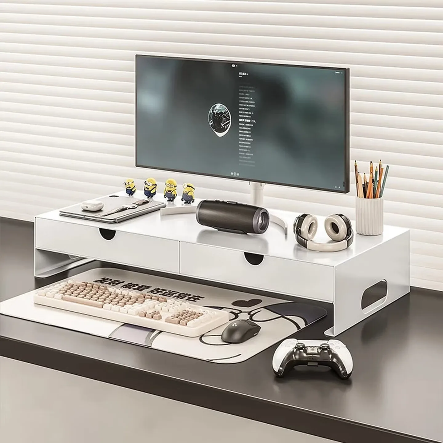 60cm Monitor Stand Riser White Metal Desktop Computer Shelf with Drawer Storage Organizer for Office Home Desk Setup 모니터 받침대