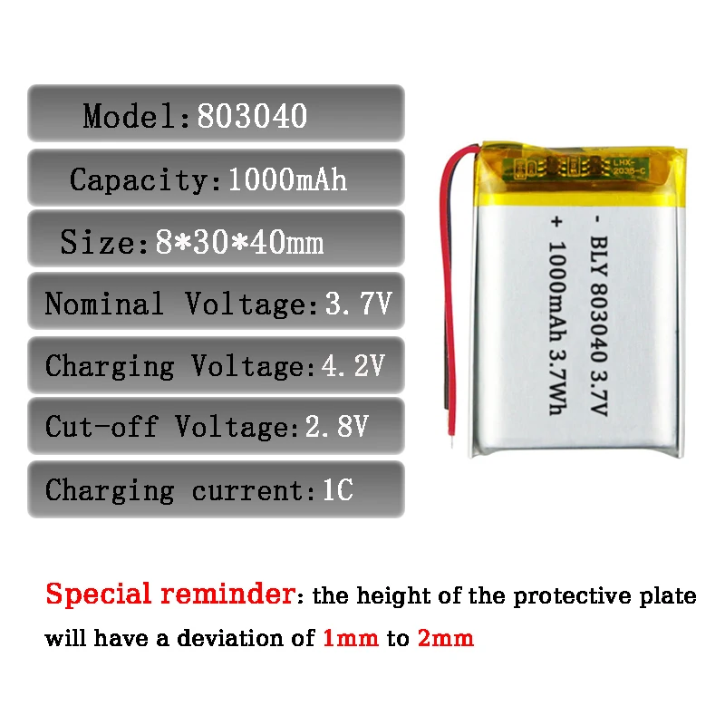 803040 3.7V 1000mAh High-Quality Rechargeable Li-Po Polymer Battery | For Toys Power Banks GPS Camping Lights