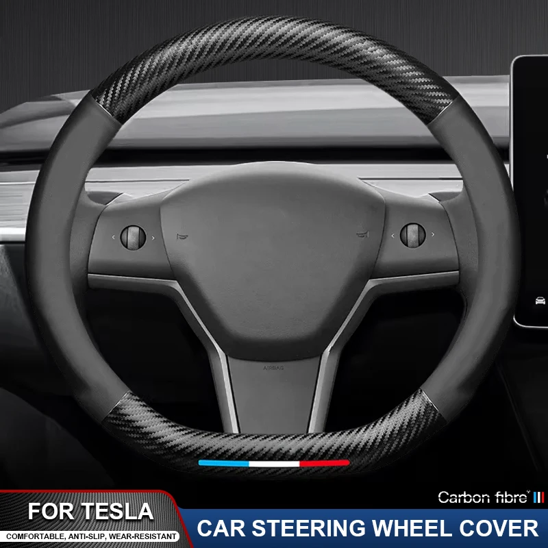 

38cm Anti-Slip Car Carbon Fiber Leather Steering Wheel Cover For Tesla Model 3 Model Y Model X Model S Auto Interior Accessories