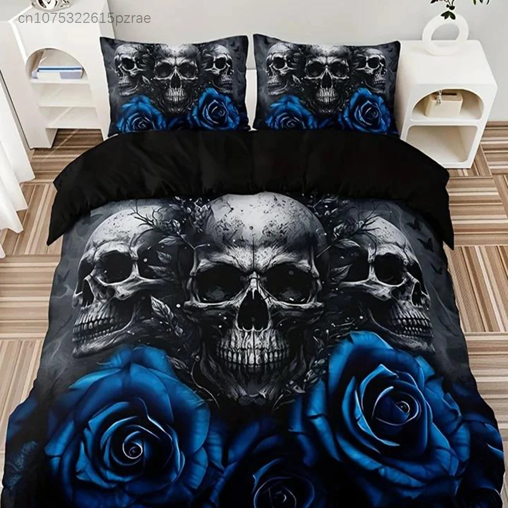 Fashion Blue Rose Skull Print Duvet Cover Soft Comfortable Bedding Set For Bedroom (1*Duvet Cover+2*Pillowcase) For Halloween