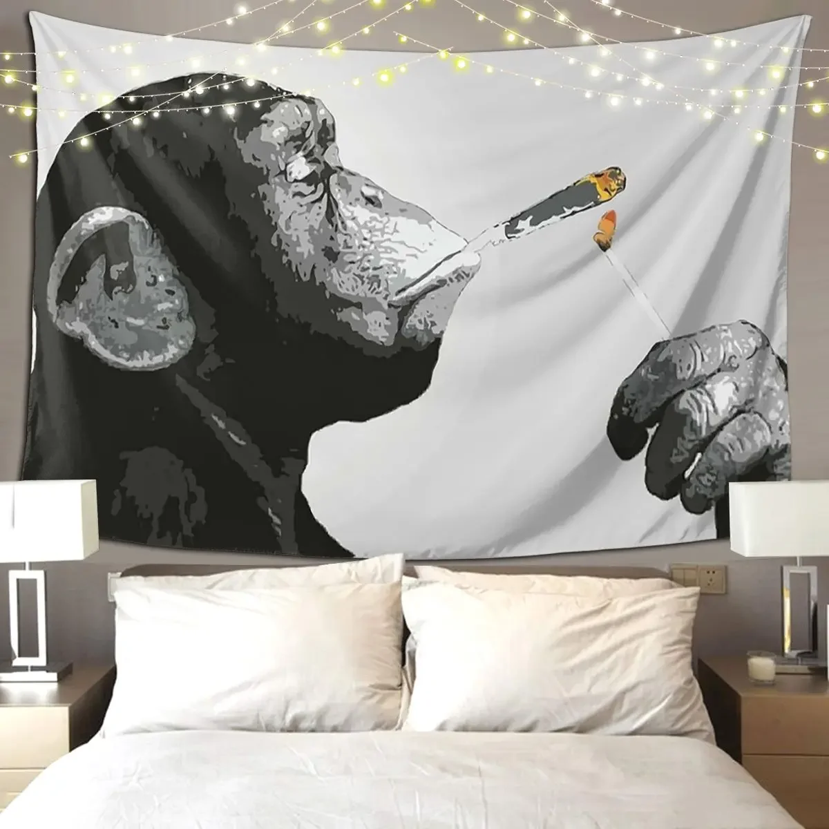 Banksy Steez Chimp Monkey Smoking Join Tapestry Wall Hanging Aesthetic Home Decoration Tapestries for Room Bedroom Dorm Room