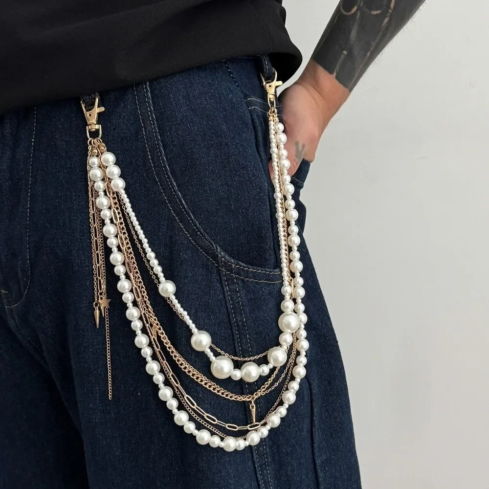 الفاخرة تقليد اللؤلؤ السراويل المفاتيح شرابة محفظة الجينز اللؤلؤ المعادن الشرير سلسلة مجوهرات اكسسوارات الهيب هوب الخصر مفتاح سلسلة