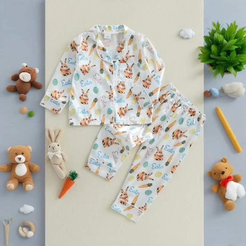 Kids Boys Easter Pajamas Set Cute Bunny Carrot Print Single Breasted Long Sleeve Tops with Pocket and Pants 2 Piece Sleepwear