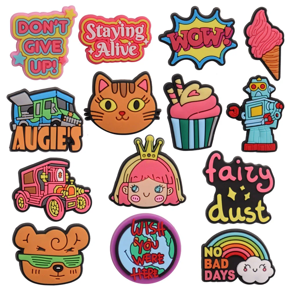 1-14PCS PVC Shoe Charms Buckle No Bad Days Girl Bear Car Wish You Were Here Slipper Accessories Garden Shoes Button Decoration