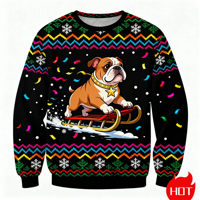 3D Print Cartoon Bulldog Graphic Ugly Christmas Sweater For Men Women Animal Dog Xmas Sweatshirts Winter Pullovers Tracksuit