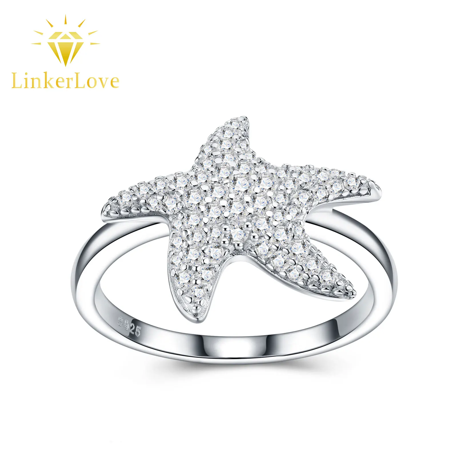 

LinkerLove 925 Sterling Silver Moissanite Starfish Ring for Women Diamond Wedding Band White Gold Plated Fine Jewelry Party Gift