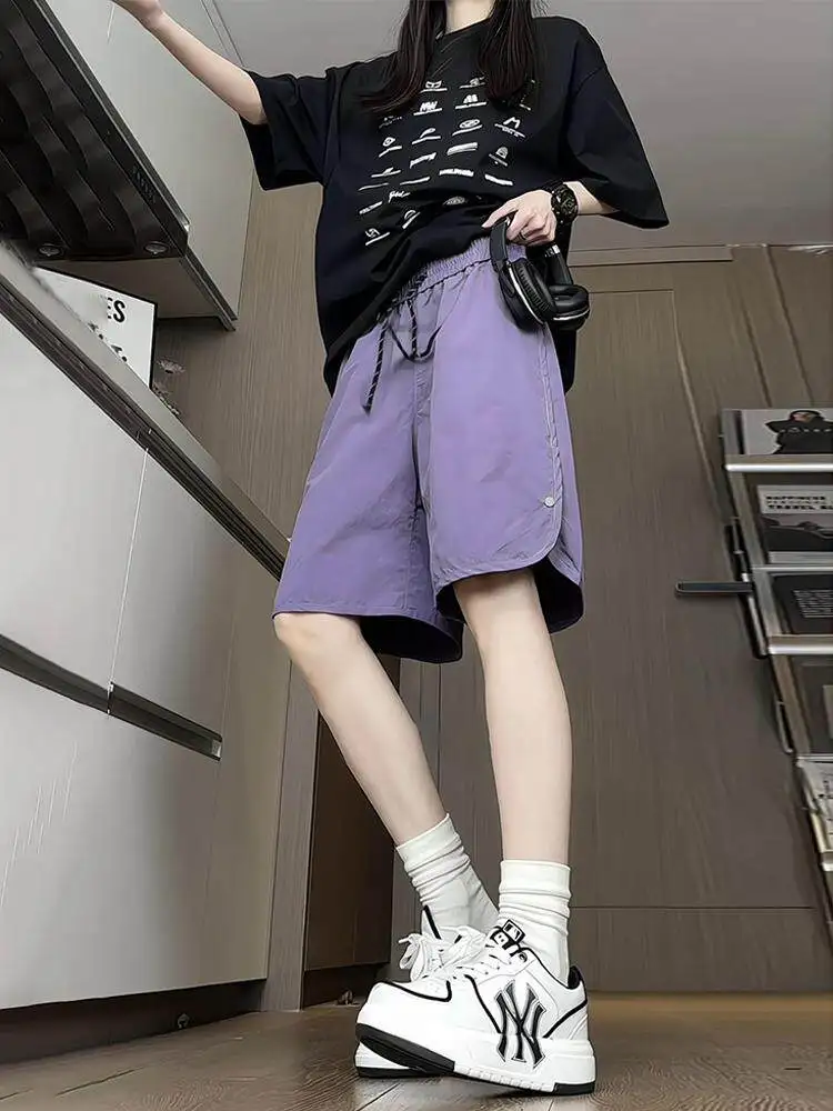 Purple Dopamine Quick Dry Ice Silk Five-Quarter Pants Men's Side Button Workwear Cool Feeling Shorts Thin Beach Breathable ...