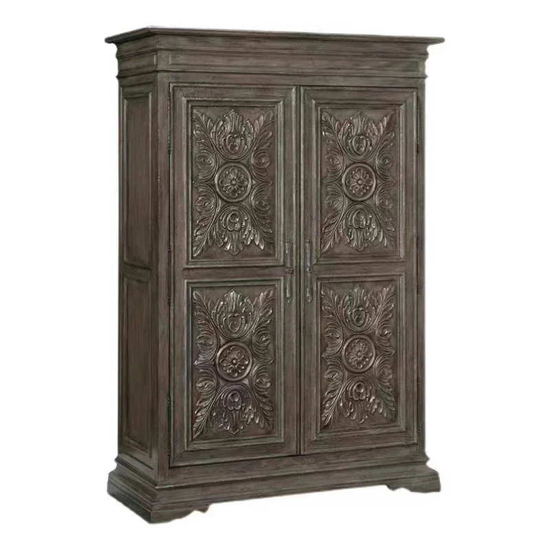 

American vintage solid wood independent wardrobe European oak carved double door wardrobe bedroom locker customization