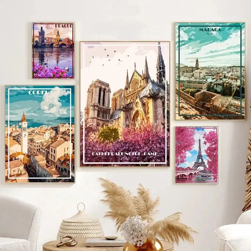 European Cities Canvas Art Print  Eiffel Tower Luxembourg Budapest Spain Italy  Greece Travel Poster for Home Wall Decor