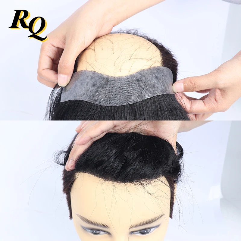 프론트 남성용 Toupee 남성용 가발, 자연스러운 헤어라인 100%, 인모 정면, 풀 스킨, PU 헤어 교체, 헤어피스 시스템